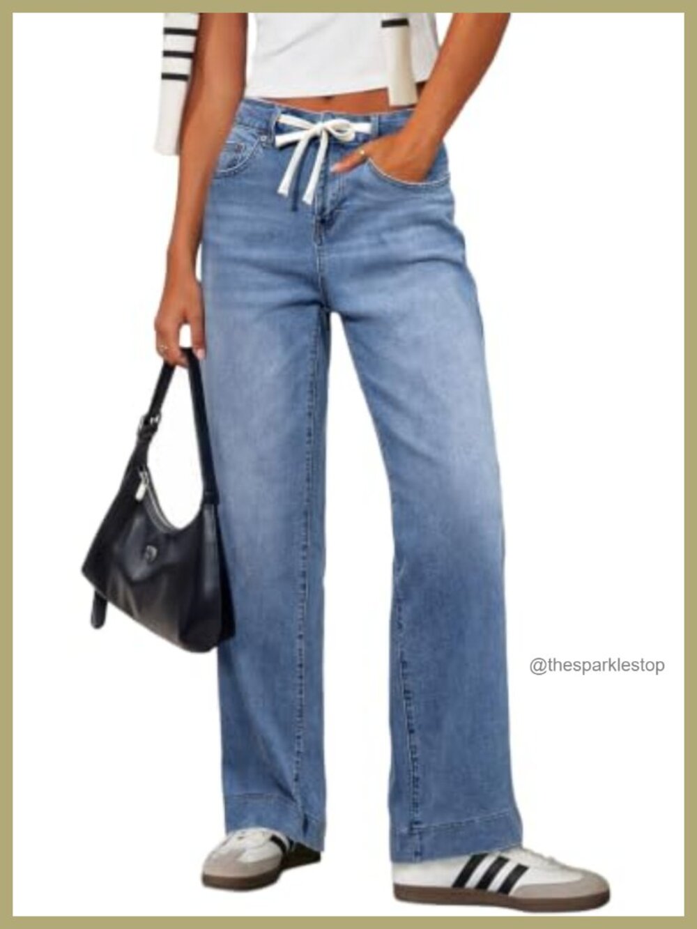 High Waisted Straight Leg Jeans Drawstring Stretch Denim Pants